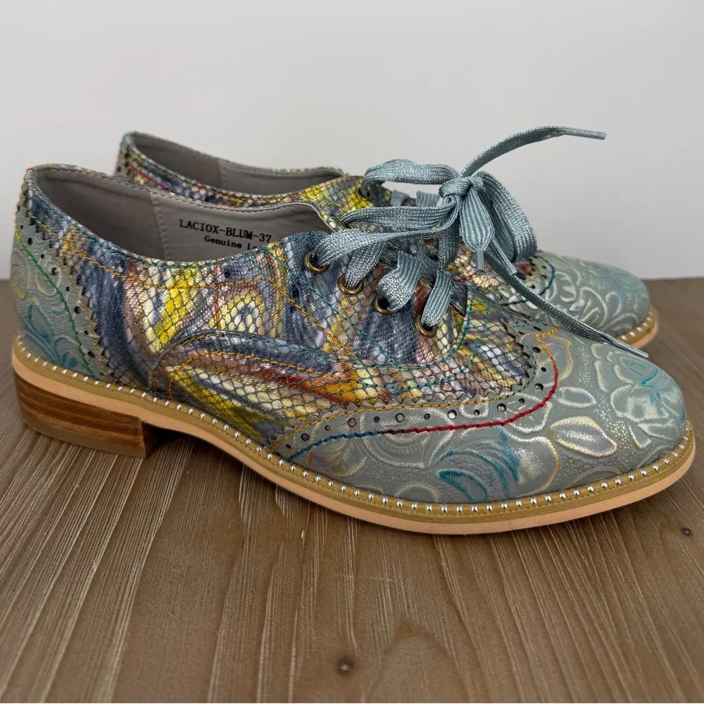 L'Artiste Spring Step Laciox-Blum Lacio Floral Leather Oxford Shoes Blue Sz 37